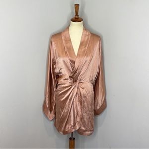 Acler Salmon Eden Twisted Front 100% Silk Long Sleeve V-Neck Mini Dress …